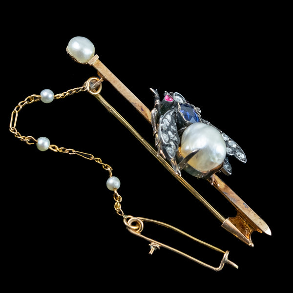 Vintage long Gold outlet bar Brooch pin with pearls and sapphires RJ5561