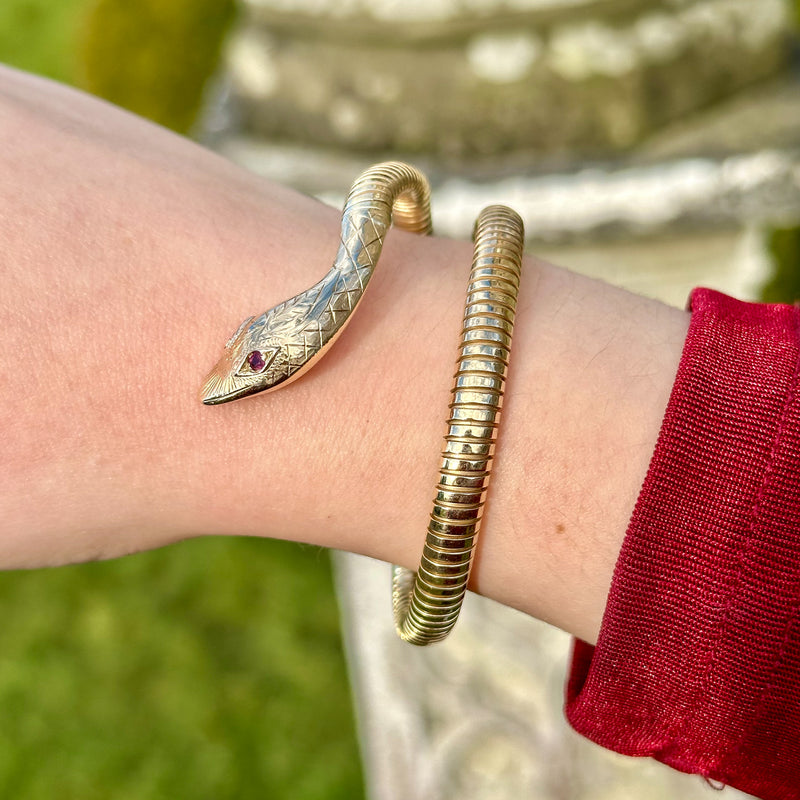 Vintage Snake Bangle 9ct Gold Ruby Eyes Smith And Pepper