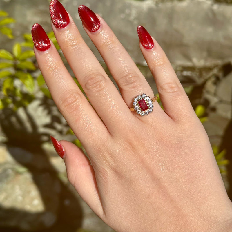 Edwardian Style Ruby Diamond Cluster Ring 0.75ct Ruby