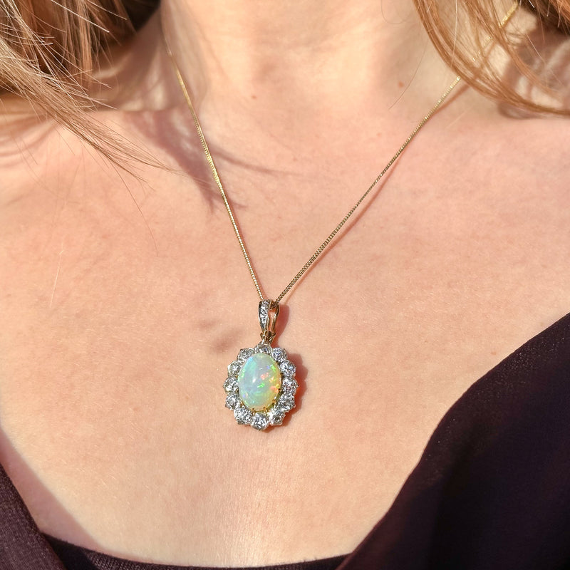 Antique Edwardian Opal Diamond Pendant 7ct Opal