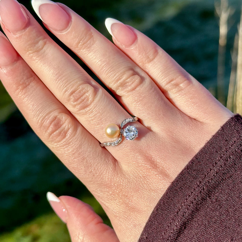 Antique Edwardian Pearl Diamond Toi Et Moi Twist Ring