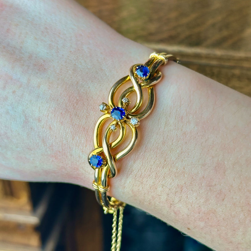 Antique Victorian Sapphire Diamond Love Knot Bangle 15ct Gold