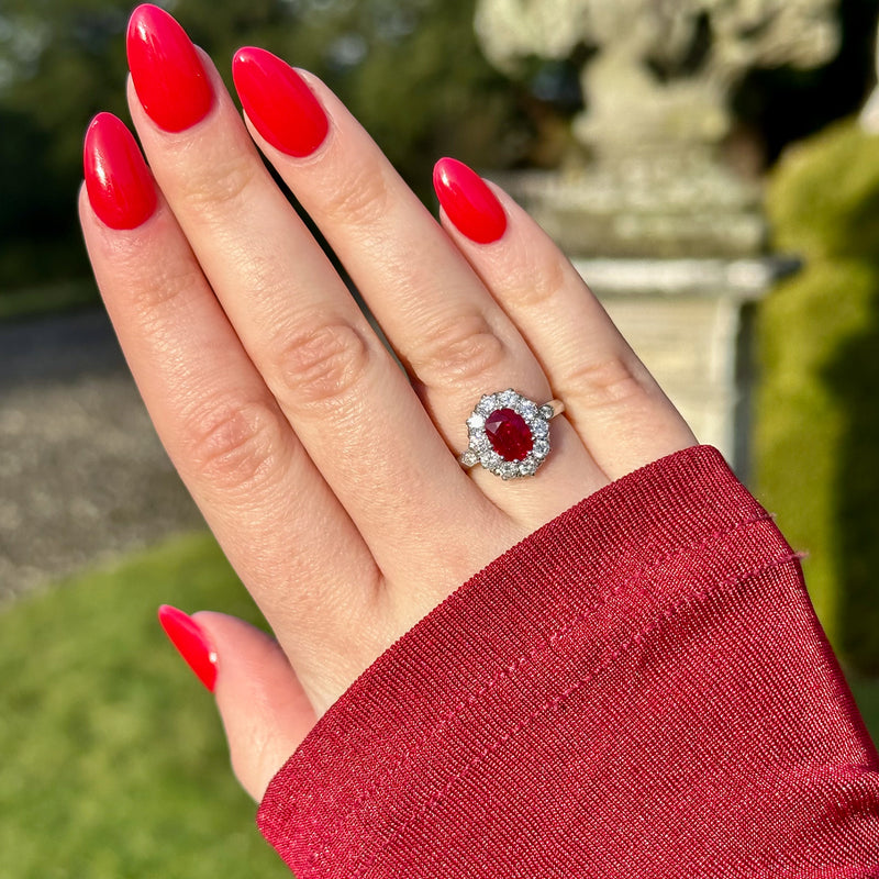 Edwardian Style Ruby Diamond Cluster Ring 1.5ct Ruby