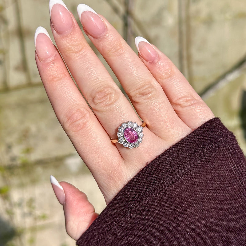 Edwardian Style Pink Sapphire Diamond Cluster Ring 1.5ct Sapphire