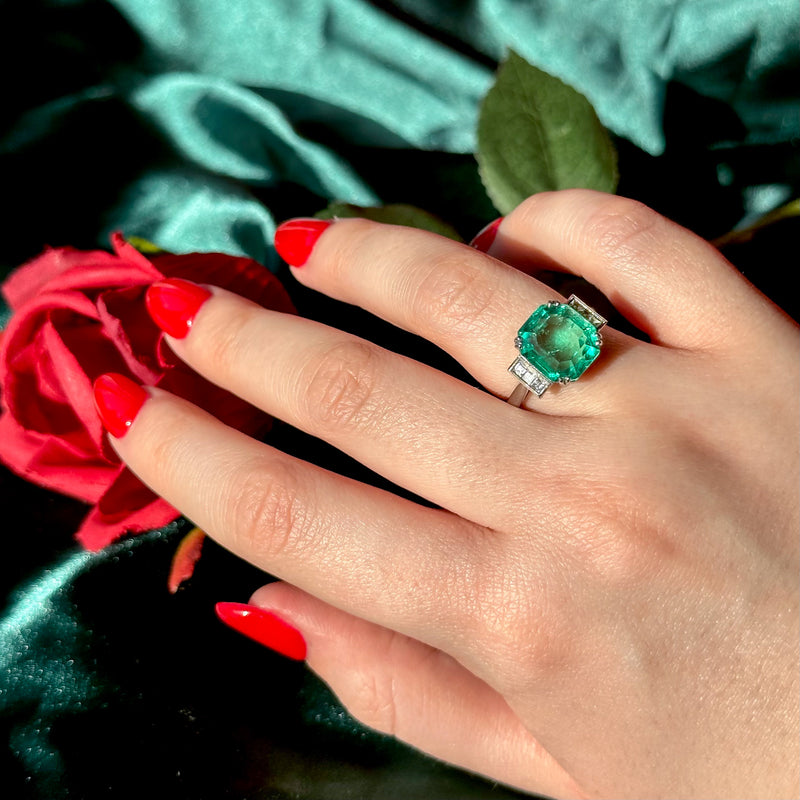 Art Deco Style Emerald Diamond Ring 6.19ct Colombian Emerald With Cert