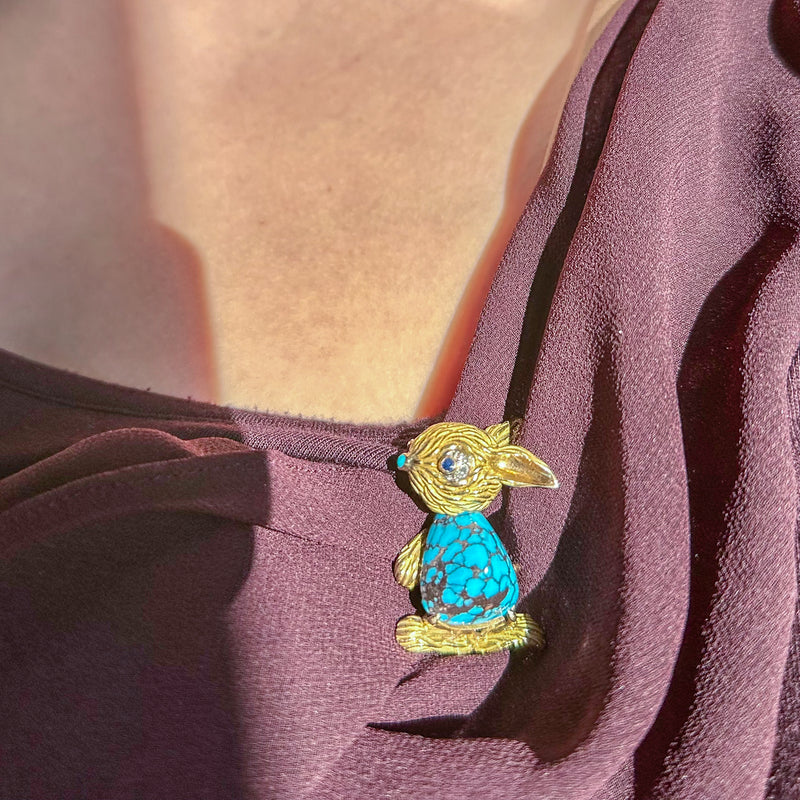 Vintage French Turquoise Diamond Sapphire Rabbit Brooch 18ct Gold