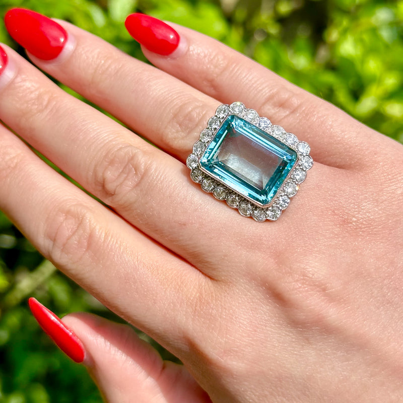 Art Deco Style Aquamarine Diamond Cocktail Ring 16ct Aqua