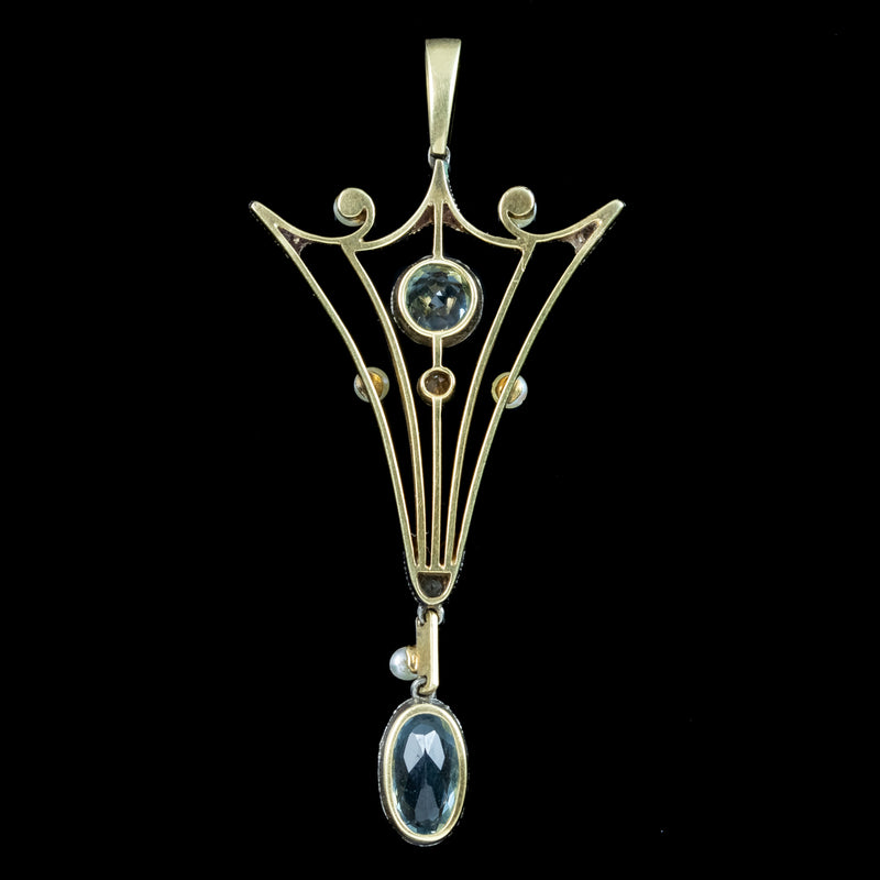 Antique Art Deco Aquamarine Pearl Diamond Pendant 15ct Gold Platinum