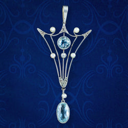 Antique Art Deco Aquamarine Pearl Diamond Pendant 15ct Gold Platinum