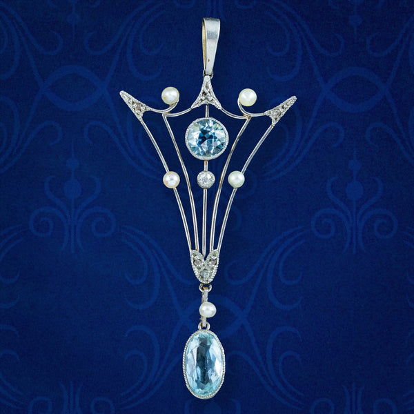 Antique Art Deco Aquamarine Pearl Diamond Pendant 15ct Gold Platinum