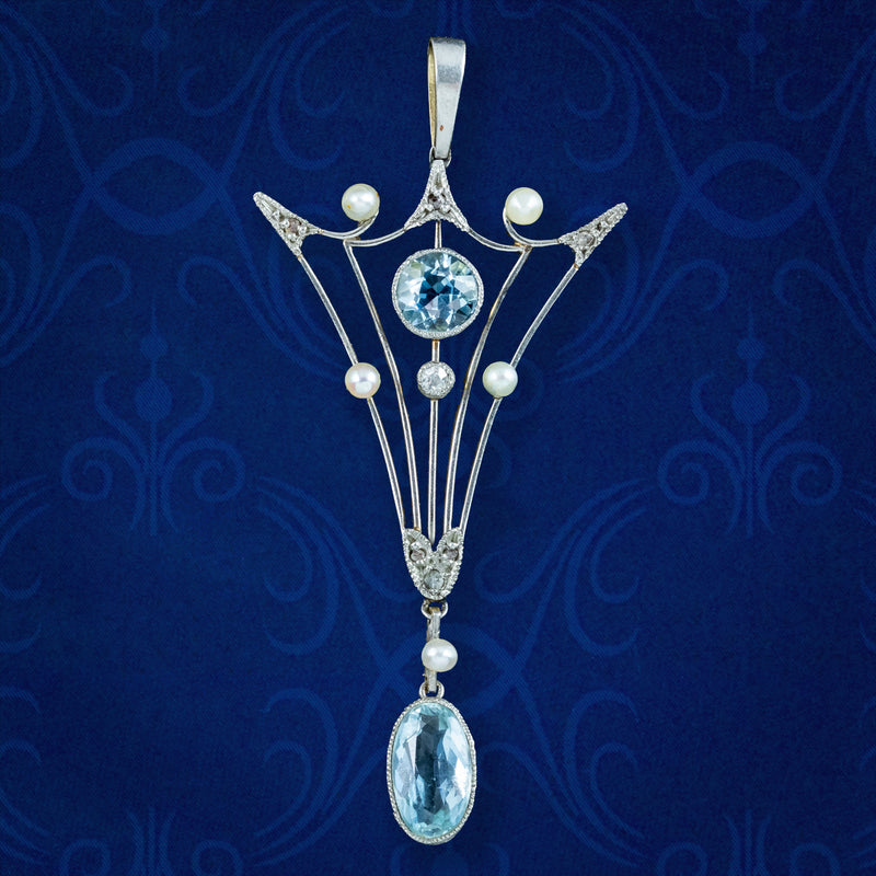 Antique Art Deco Aquamarine Pearl Diamond Pendant 15ct Gold Platinum