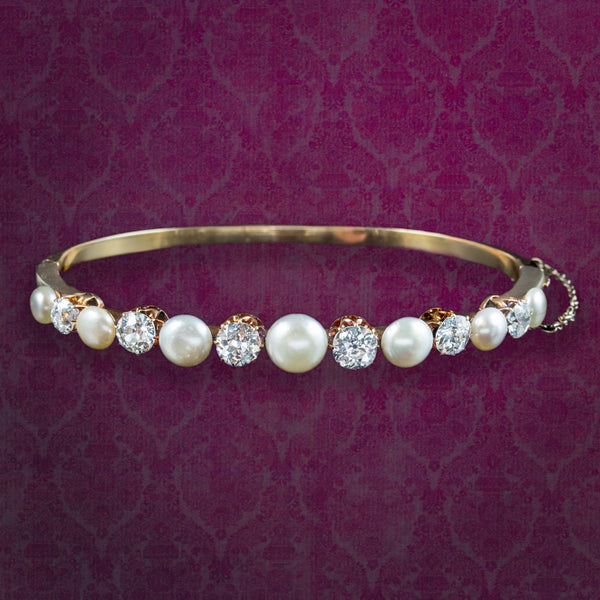 Antique Edwardian Diamond Pearl Bangle 18ct Gold 3.5ct Diamond