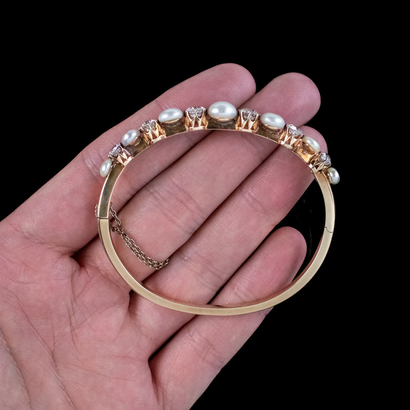 Antique Edwardian Diamond Pearl Bangle 18ct Gold 3.5ct Diamond