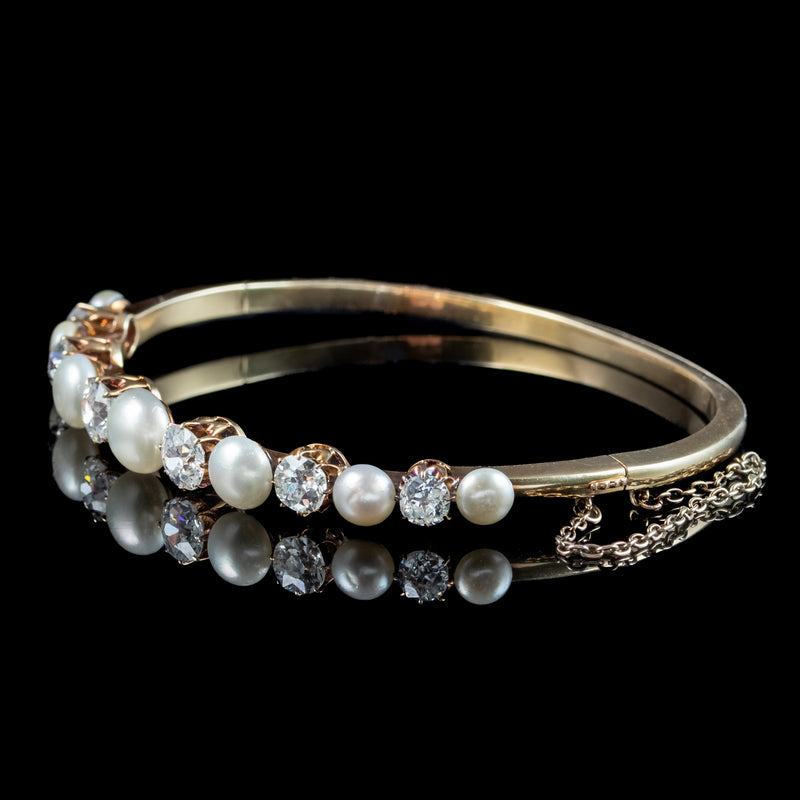 Antique Edwardian Diamond Pearl Bangle 18ct Gold 3.5ct Diamond