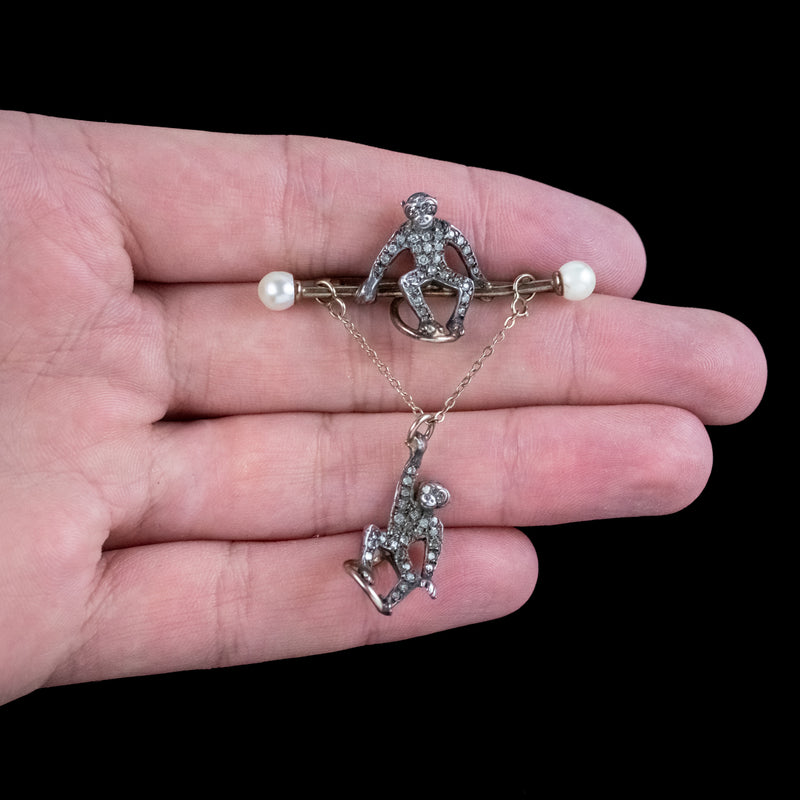 Antique Edwardian Diamond Pearl Monkey Brooch 