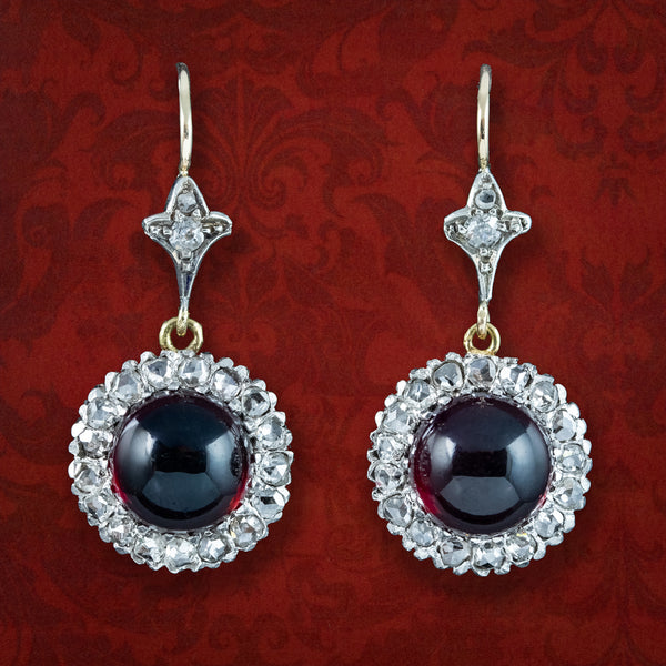 Antique Edwardian Garnet Diamond Daisy Drop Earrings 15ct Gold 