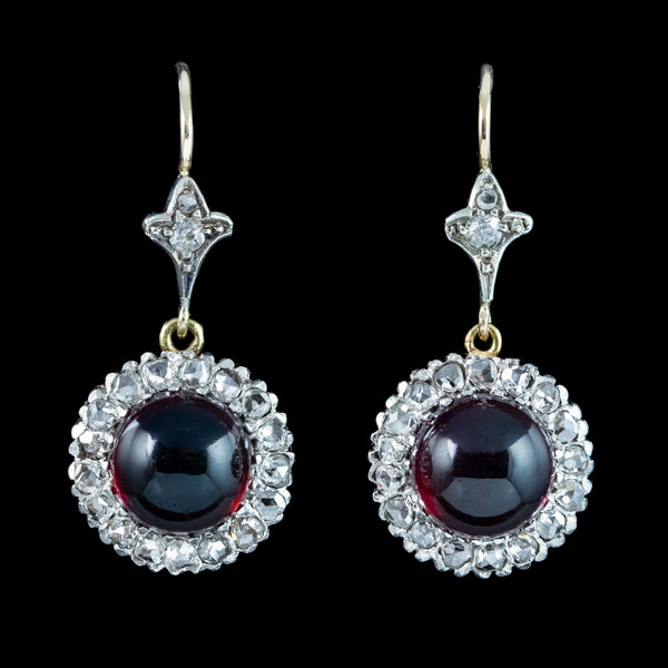 Antique Edwardian Garnet Diamond Daisy Drop Earrings 15ct Gold 