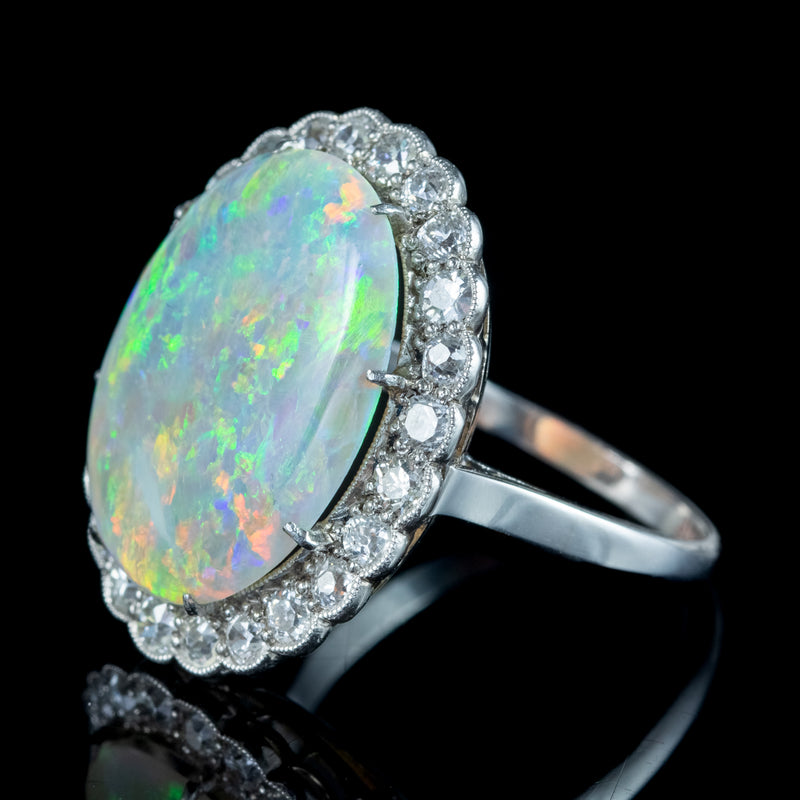 Antique Edwardian Opal Diamond Cocktail Ring 6ct Natural Opal 