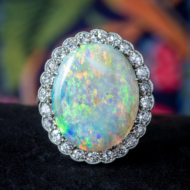 Antique Edwardian Opal Diamond Cocktail Ring 6ct Natural Opal 