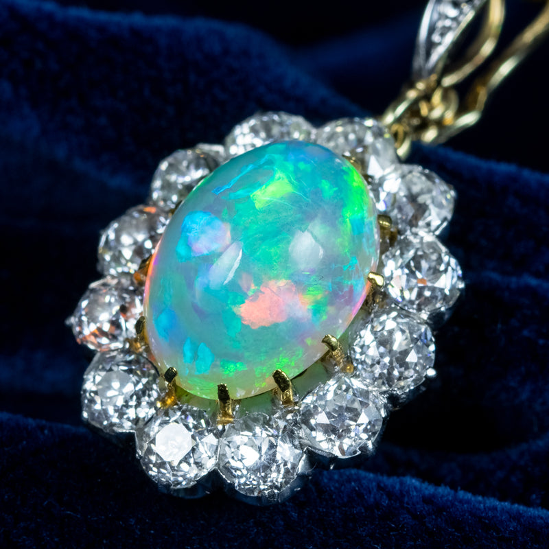 Antique Edwardian Opal Diamond Pendant 7ct Opal 