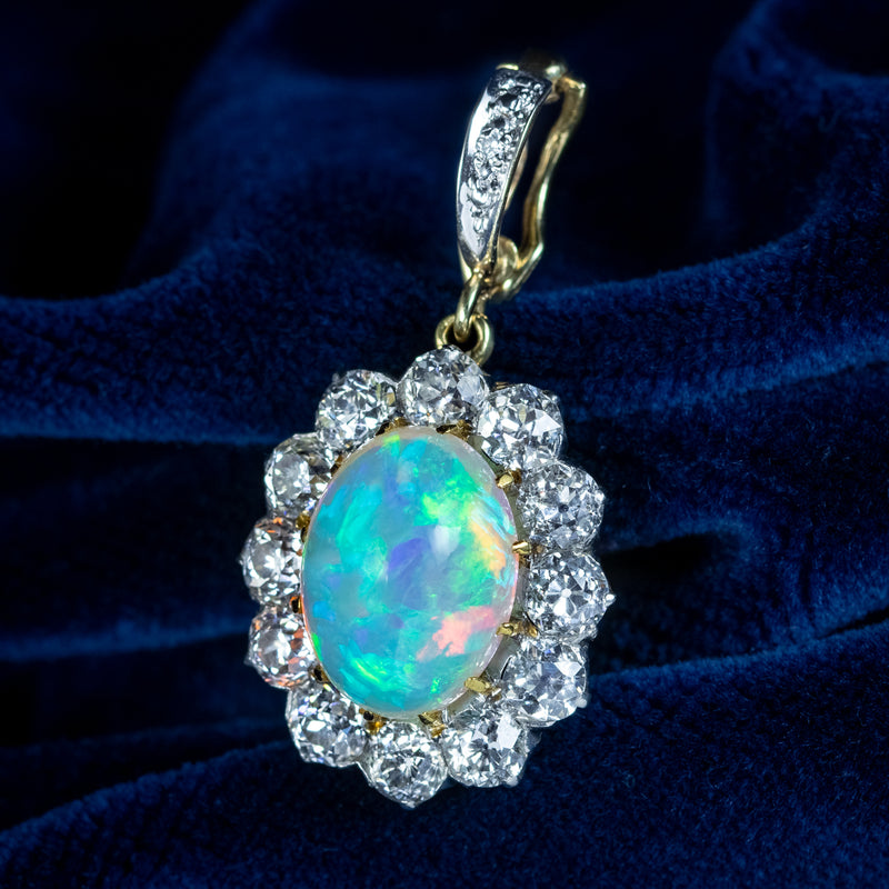 Antique Edwardian Opal Diamond Pendant 7ct Opal 