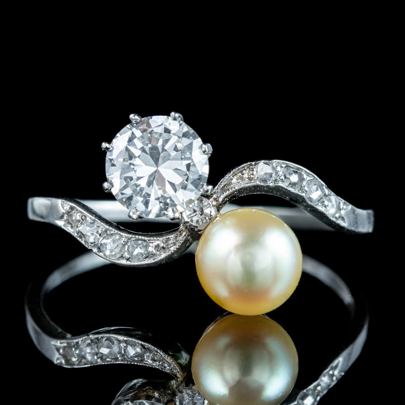 Antique Edwardian Pearl Diamond Toi Et Moi Twist Ring 