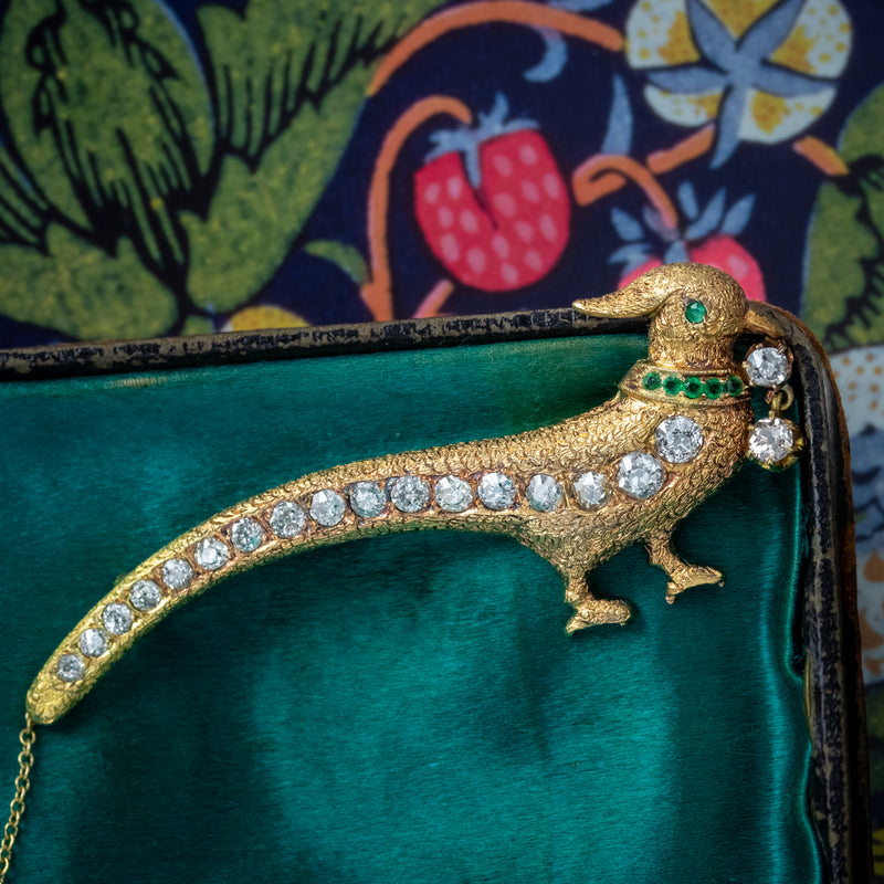 Antique Edwardian Pheasant Brooch Diamond Emerald 18ct Gold 