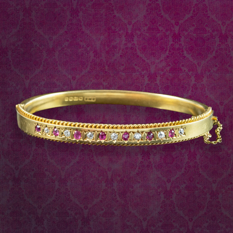 Antique Edwardian Ruby Diamond Bangle 18ct Gold Dated 1903