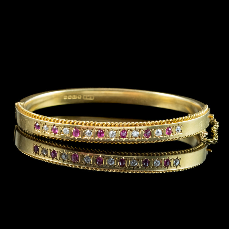 Antique Edwardian Ruby Diamond Bangle 18ct Gold Dated 1903