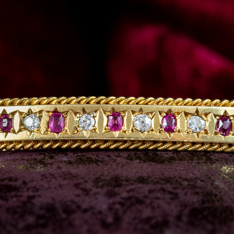 Antique Edwardian Ruby Diamond Bangle 18ct Gold Dated 1903