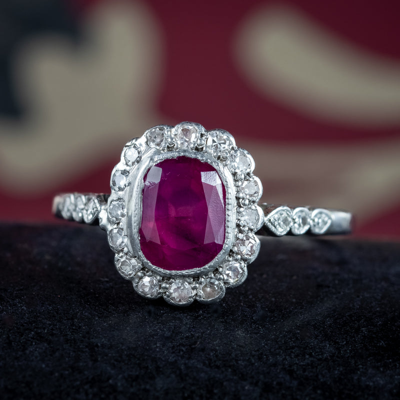 Antique Edwardian Ruby Diamond Cluster Ring 1ct Ruby