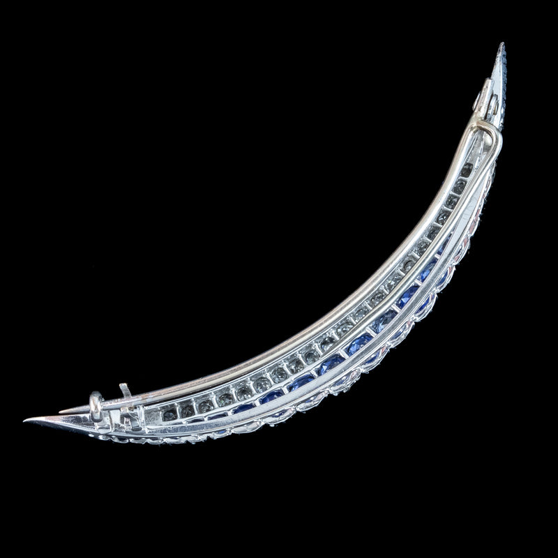 Antique Edwardian Sapphire Diamond Crescent Brooch 18ct Gold 