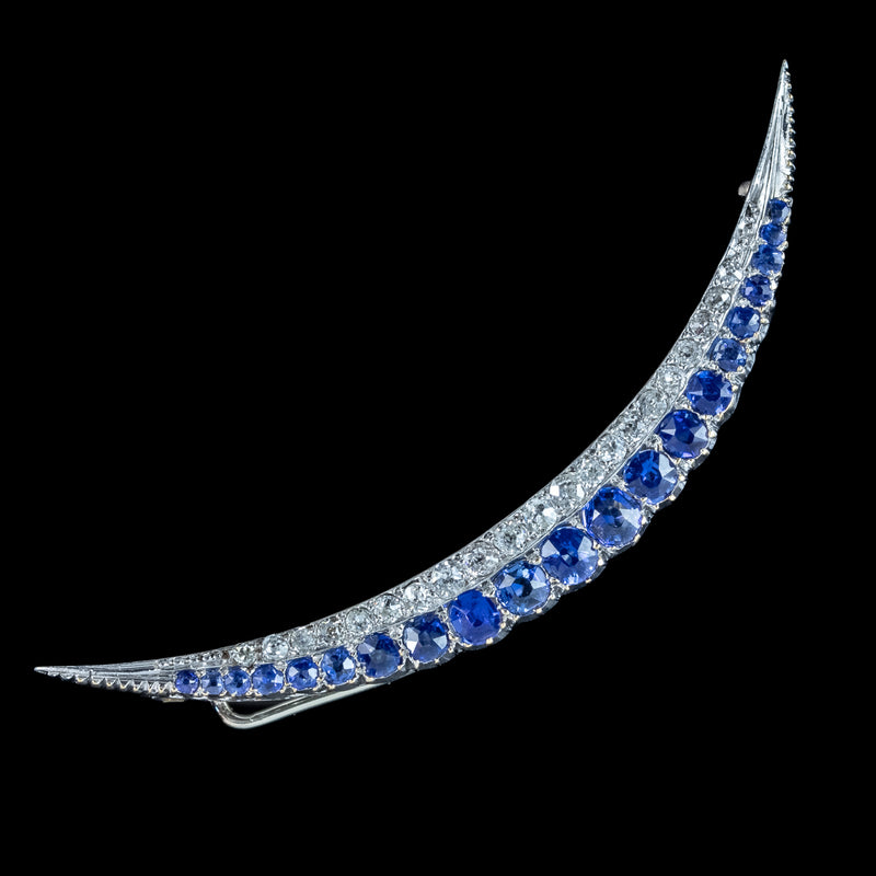 Antique Edwardian Sapphire Diamond Crescent Brooch 18ct Gold 