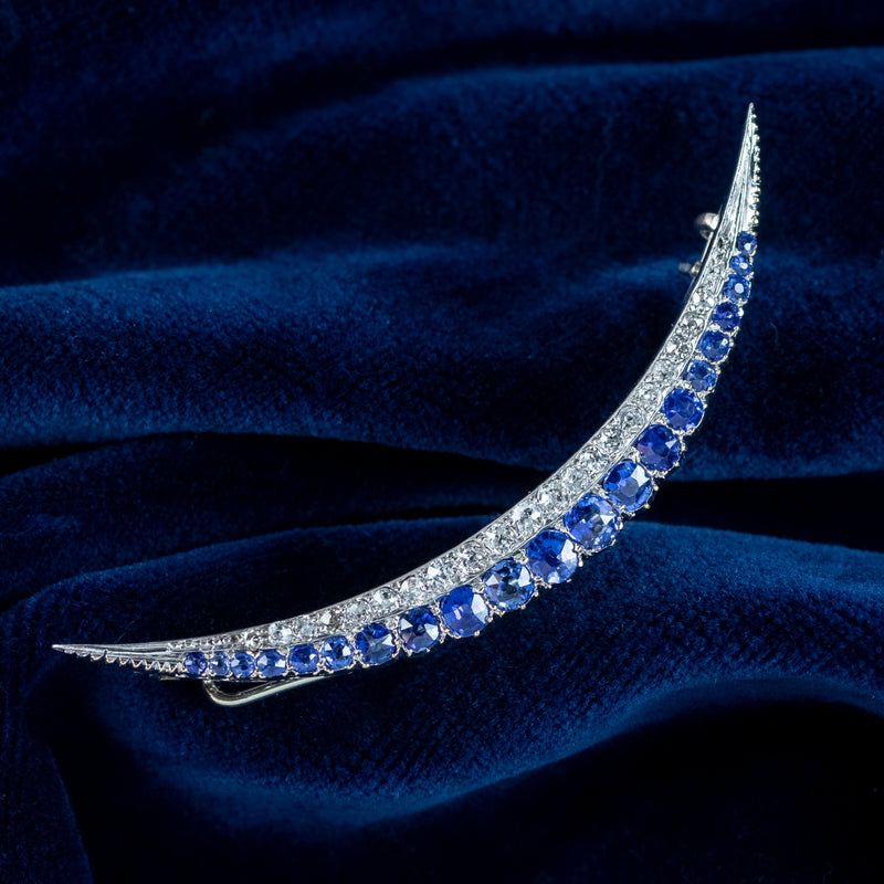 Antique Edwardian Sapphire Diamond Crescent Brooch 18ct Gold 