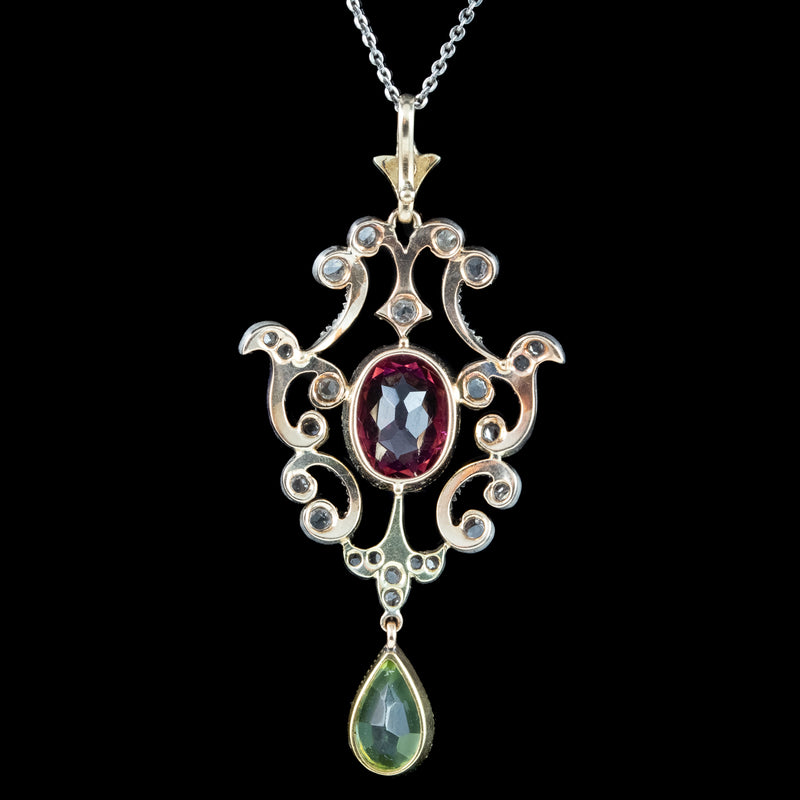 Antique Edwardian Suffragette Tourmaline Peridot Diamond Pendant Necklace