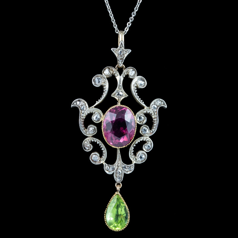 Antique Edwardian Suffragette Tourmaline Peridot Diamond Pendant Necklace