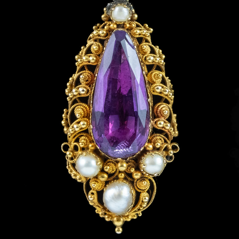 Antique Georgian Amethyst Pearl Drop Earrings 18ct Gold