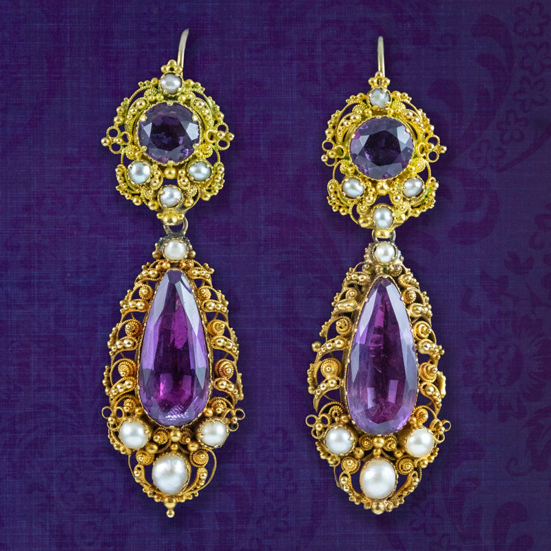 Antique Georgian Amethyst Pearl Drop Earrings 18ct Gold