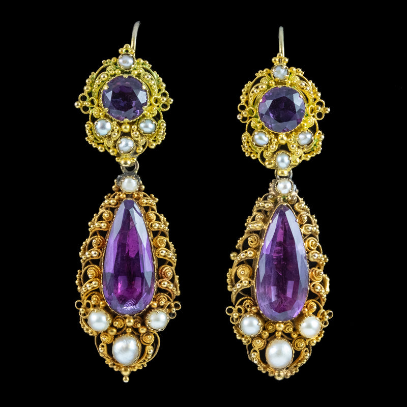 Antique Georgian Amethyst Pearl Drop Earrings 18ct Gold