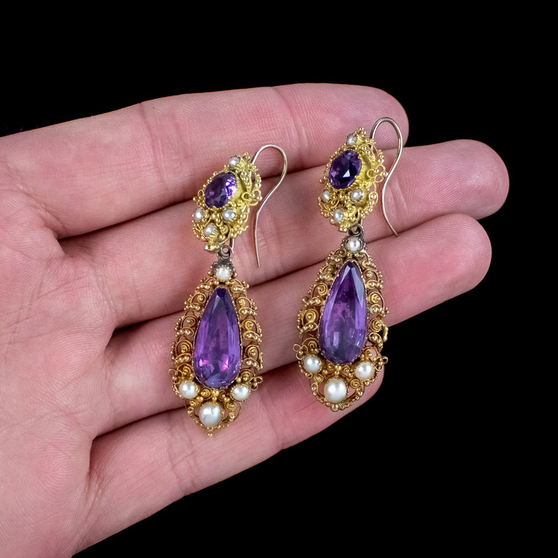 Antique Georgian Amethyst Pearl Drop Earrings 18ct Gold