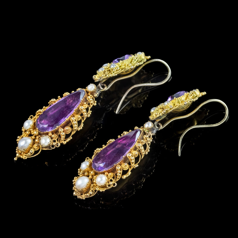 Antique Georgian Amethyst Pearl Drop Earrings 18ct Gold