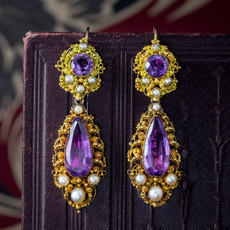 Antique Georgian Amethyst Pearl Drop Earrings 18ct Gold