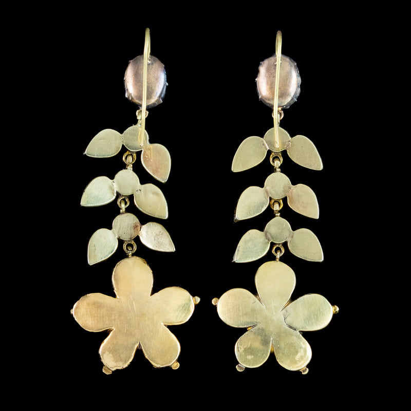 Antique Georgian Garnet Flower Drop Earrings 18ct Gold