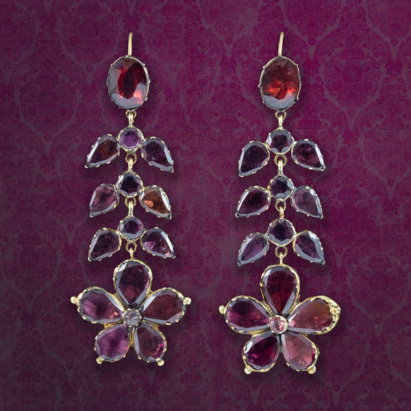 Antique Georgian Garnet Flower Drop Earrings 18ct Gold