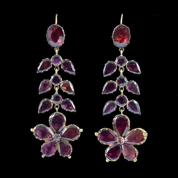 Antique Georgian Garnet Flower Drop Earrings 18ct Gold