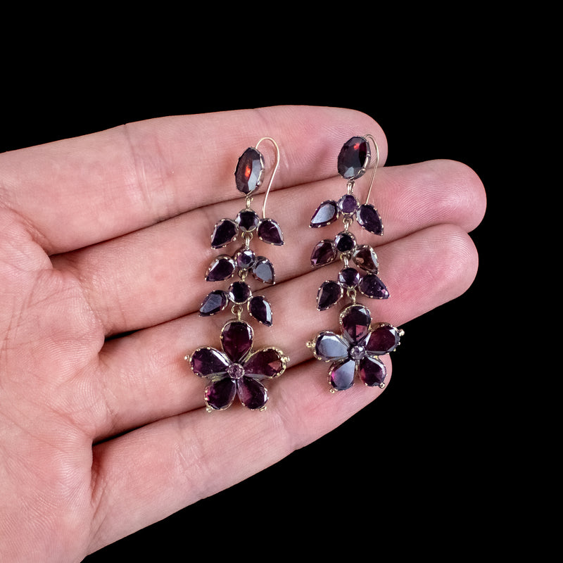 Antique Georgian Garnet Flower Drop Earrings 18ct Gold