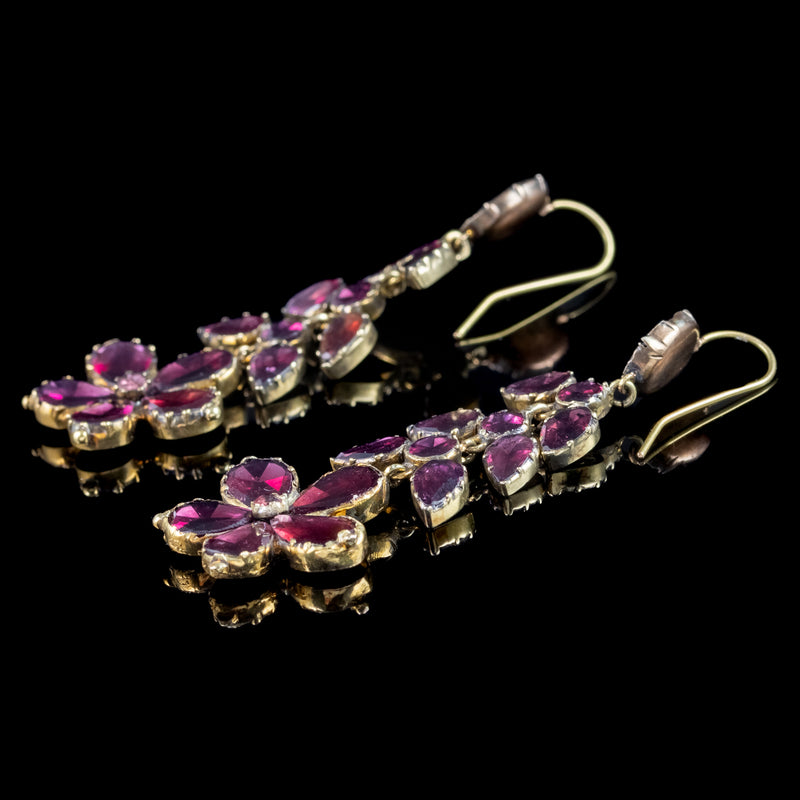 Antique Georgian Garnet Flower Drop Earrings 18ct Gold