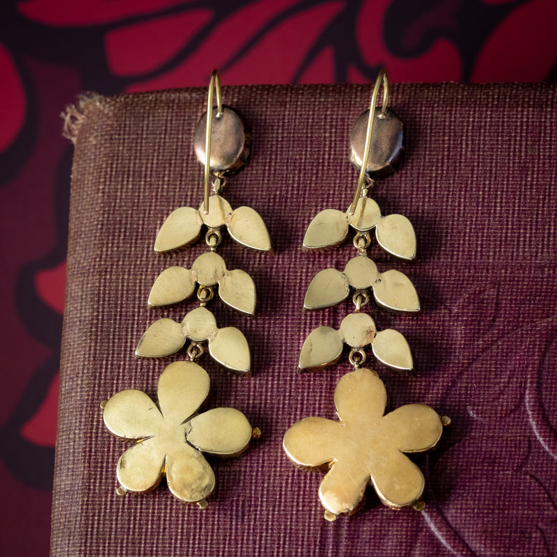 Antique Georgian Garnet Flower Drop Earrings 18ct Gold