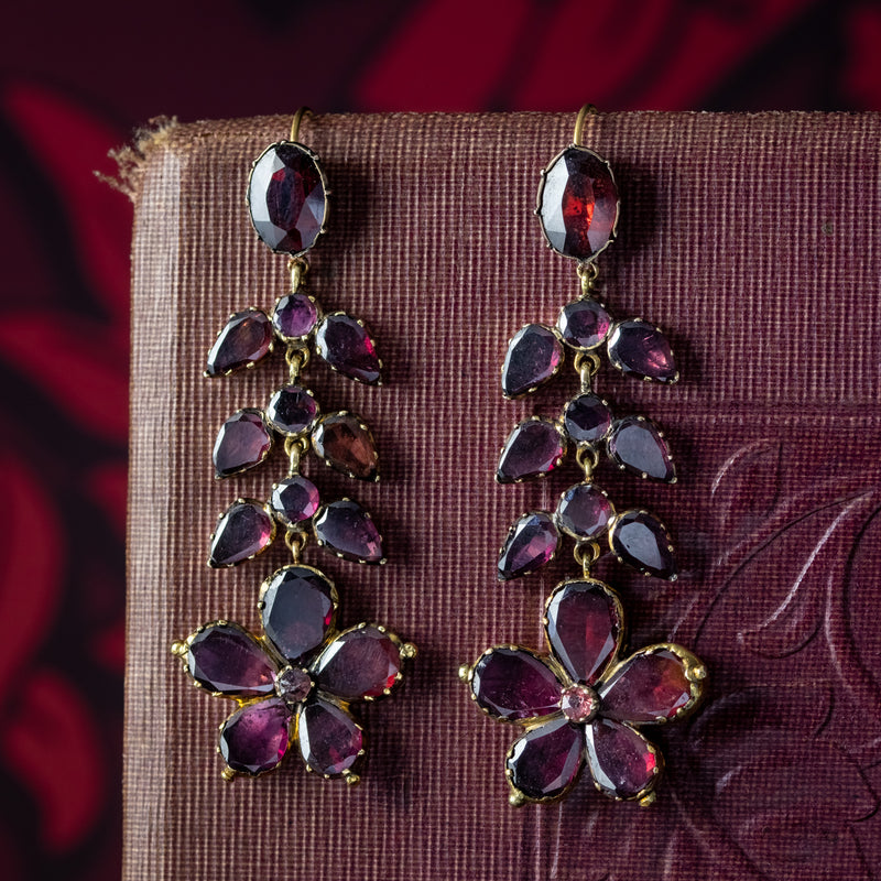 Antique Georgian Garnet Flower Drop Earrings 18ct Gold