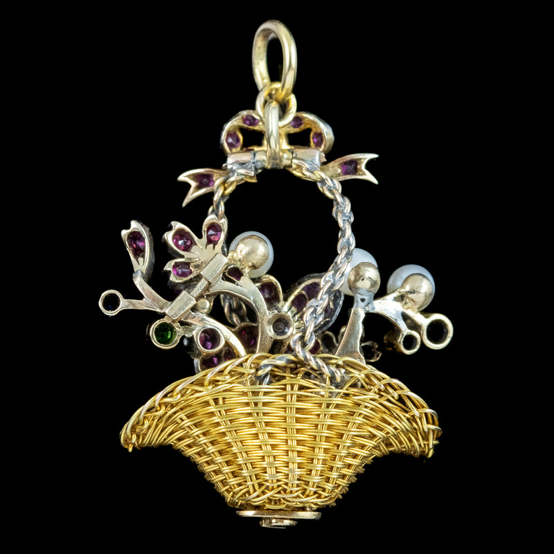 Antique Georgian Giardinetti Flower Basket Pendant Ruby Pearl Sapphire 